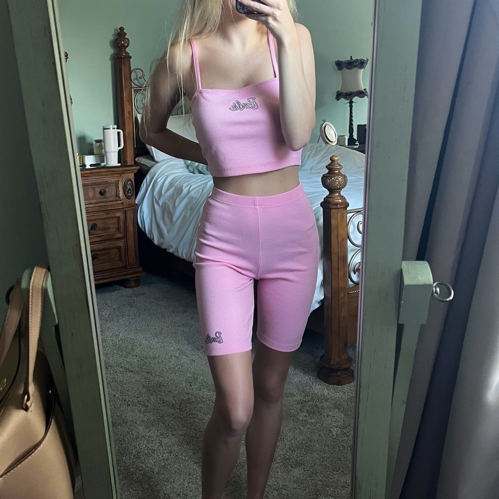 FOREVER 21 Barbie Core Small Crop Top & XS Biker Shorts Set